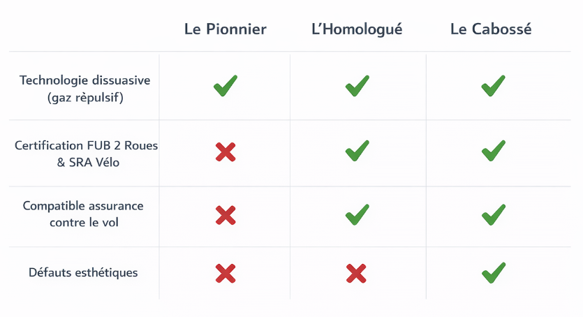 Tableau comparatif des modèles d’antivols vélo CactUs Lock Le Pionnier, L’Homologué et Le Cabossé selon la technologie répulsive, les certifications, la compatibilité assurance et les défauts esthétiques.