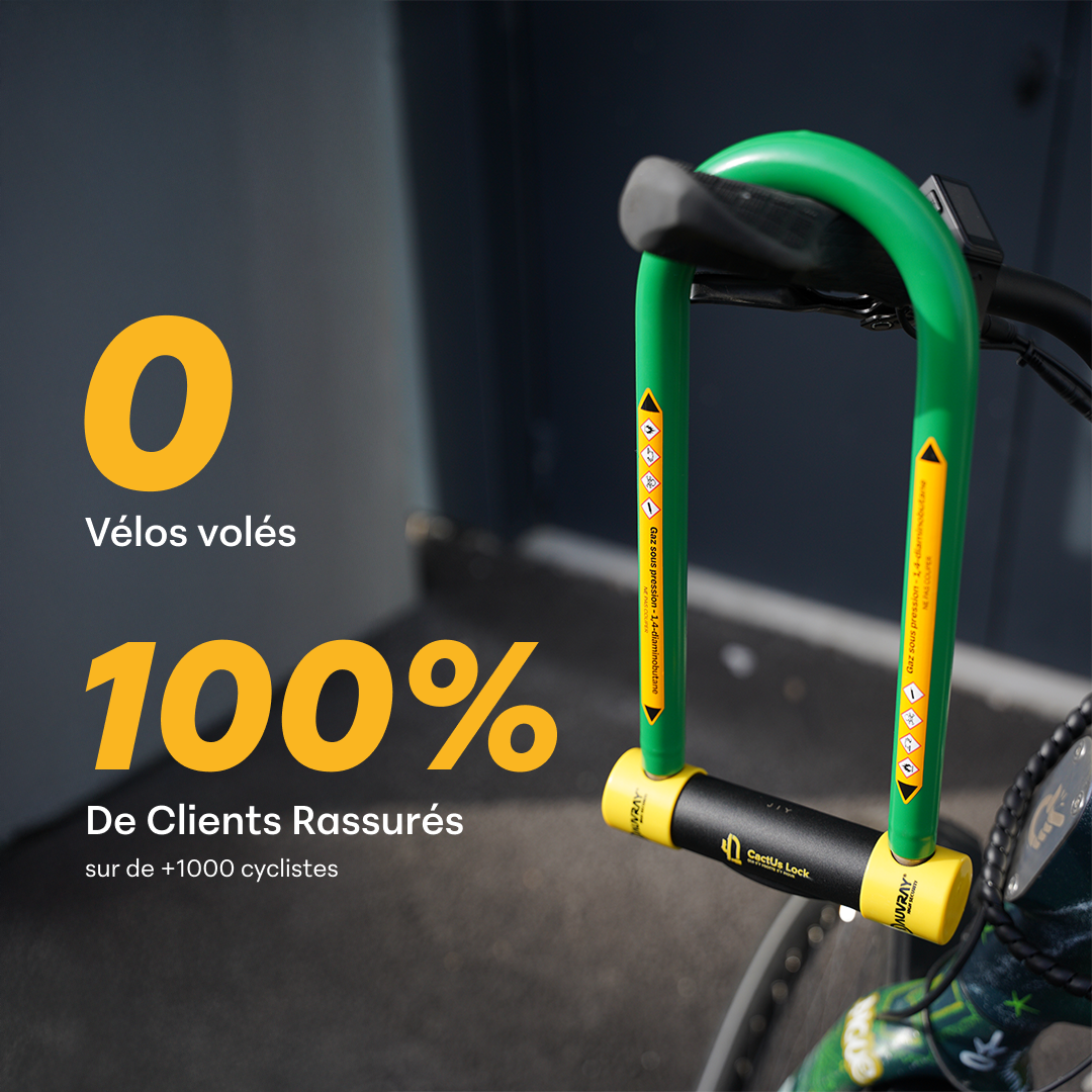 Antivol CactUs Lock installé sur un vélo avec la mention 0 vélo volé et 100 % de clients rassurés parmi plus de 1 000 cyclistes.