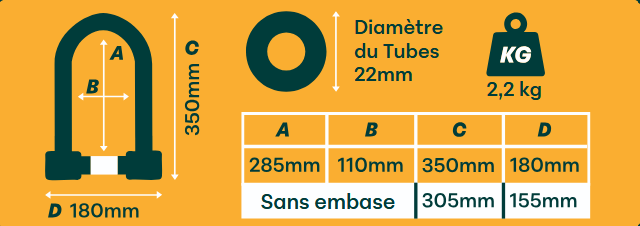 Schéma technique présentant les dimensions de l’antivol vélo CactUs Lock : hauteur 350 mm, largeur 180 mm, diamètre des tubes 22 mm et poids de 2,2 kg.